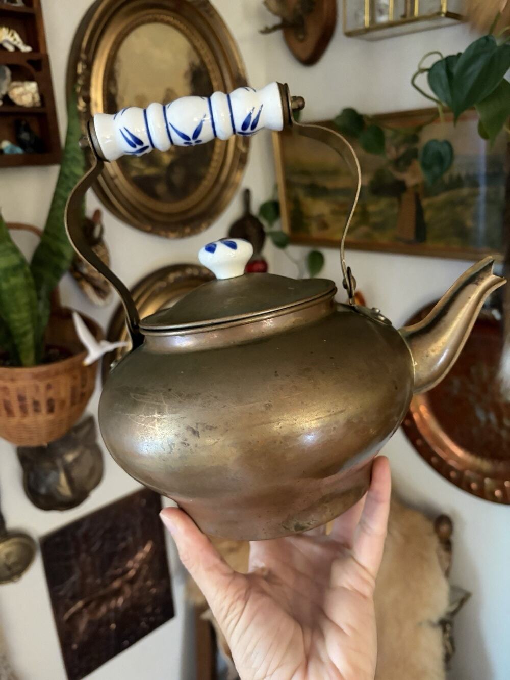 Vintage 1970s Copper Kettle with Ceramic Handle Blue and White Ceramic